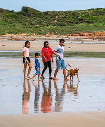 A family walk a leashed dog along a beach. Phoot: John Spencer &copy; DPIE