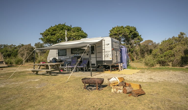 Caravan parked on site at Point Plomer campground, Limeburners Creek National Park. Photo: John Spencer/OEH
