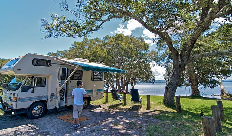A campervan at Mungo Brush campground, Myall Lakes National Park. Photo: John Spencer/NSW Government