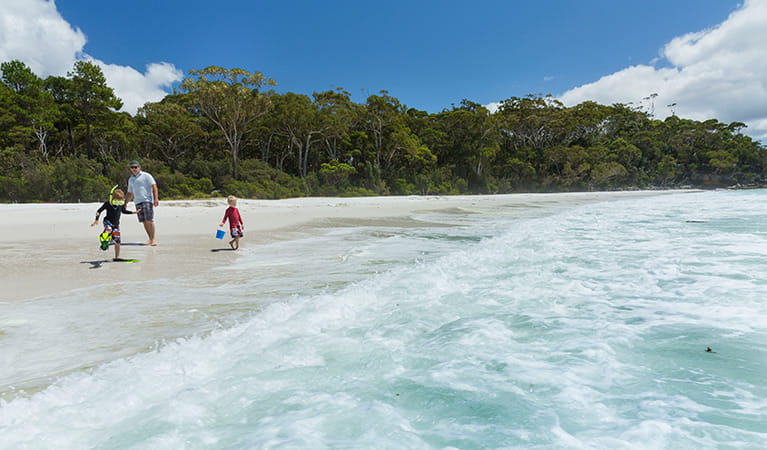 A father and two children play by the waves at Chinamans Beach, Jervis Bay National Park. Photo: David Finnegan &copy; OEH